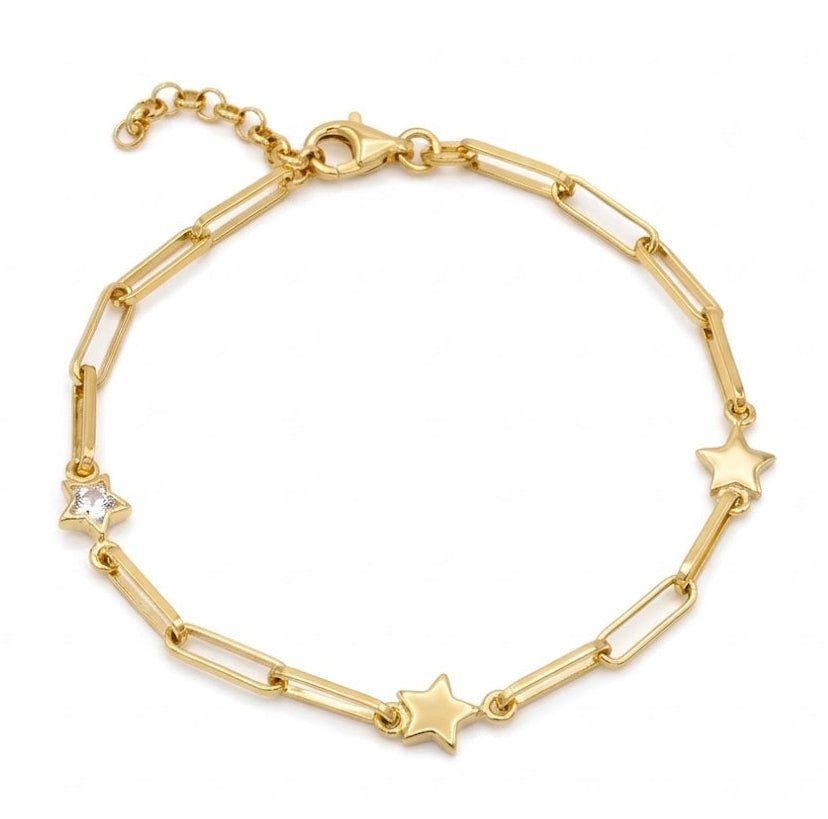 Bracciale Notte Stellata in Argento 925 Placcato Oro Giallo con Maglia Paperclip, Stelle e Zircone Gioielli in Argento