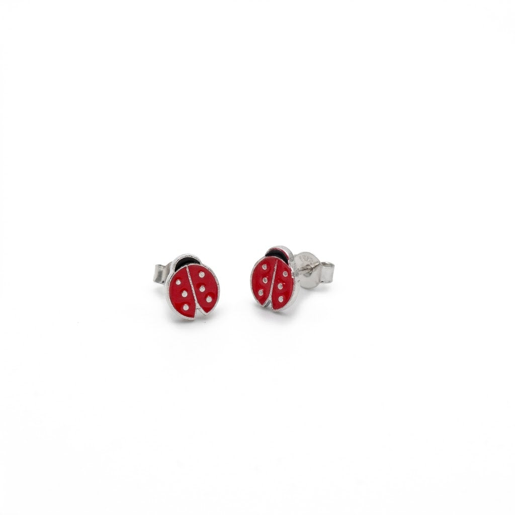 Orecchini a Lobo per Bambina in Argento 925 con Coccinella Smaltata Rossa