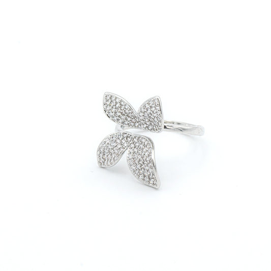 Anello Foglie Argentato con Zirconi