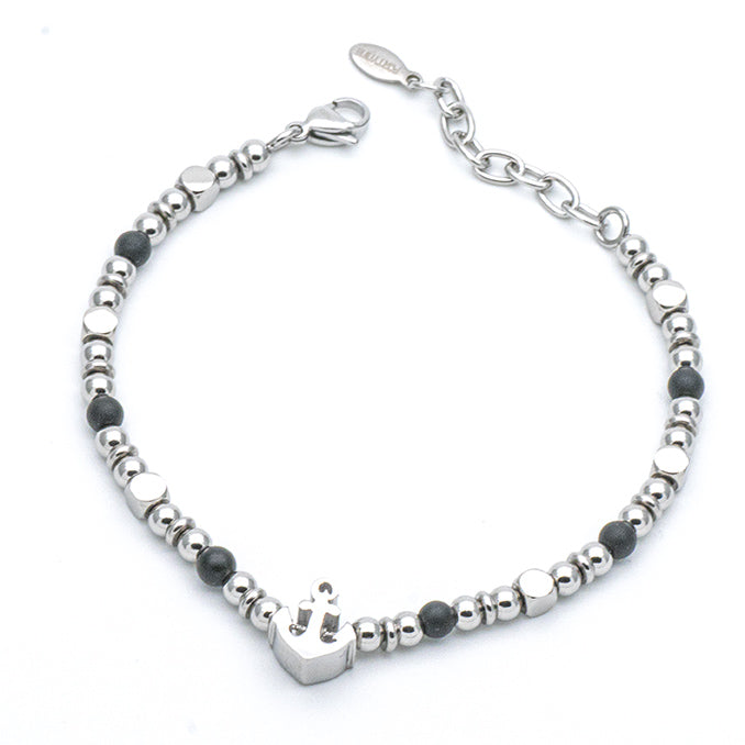 Bracciale Uomo Ancora in Acciaio e Pietre Nere