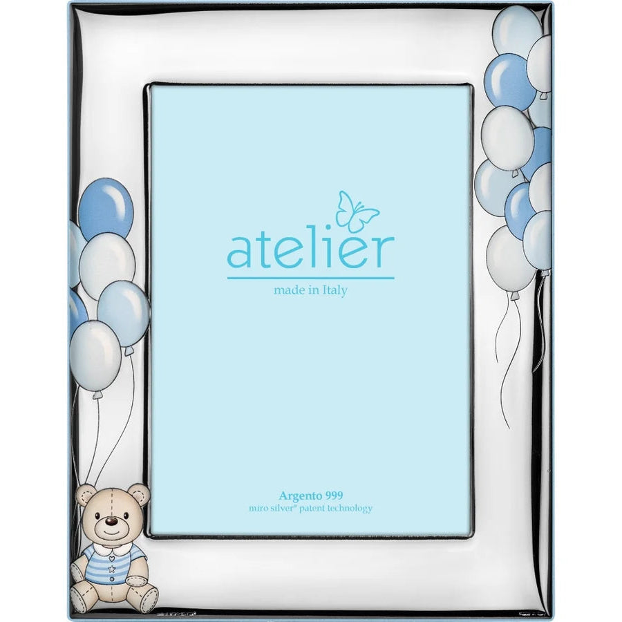 Cornice Portafoto Bimbo "Palloncini e Orsetto" in Argento Laminato (9x13 cm) - Atelier