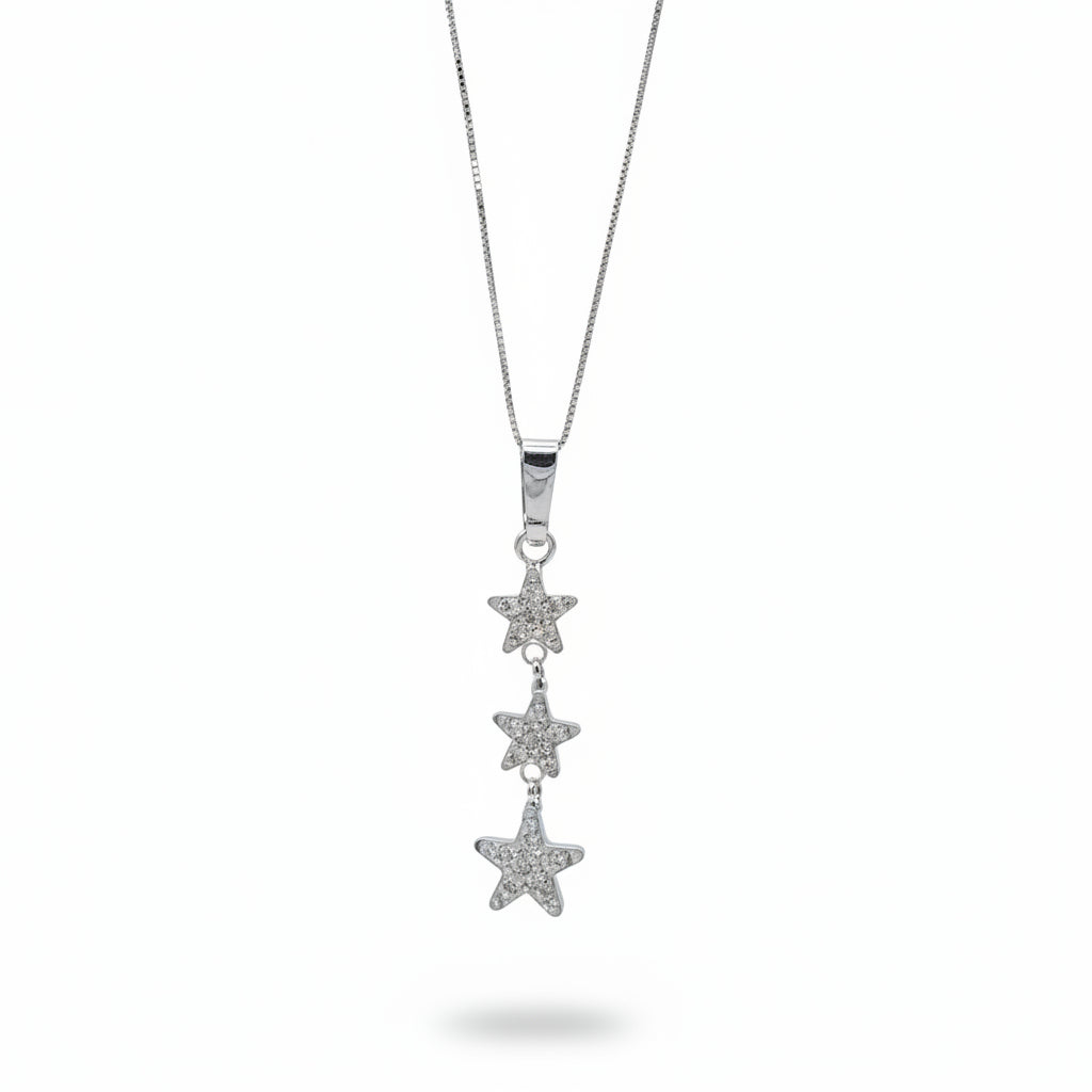 Collana Tris di Stelle in Oro Bianco con Pavè di Zirconi Gioielli in Oro