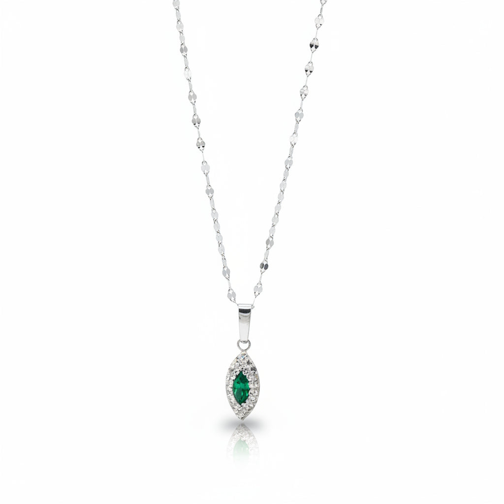 Collana Punto Luce in Oro Bianco e Gemma Verde con Zirconi Gioielli in Oro