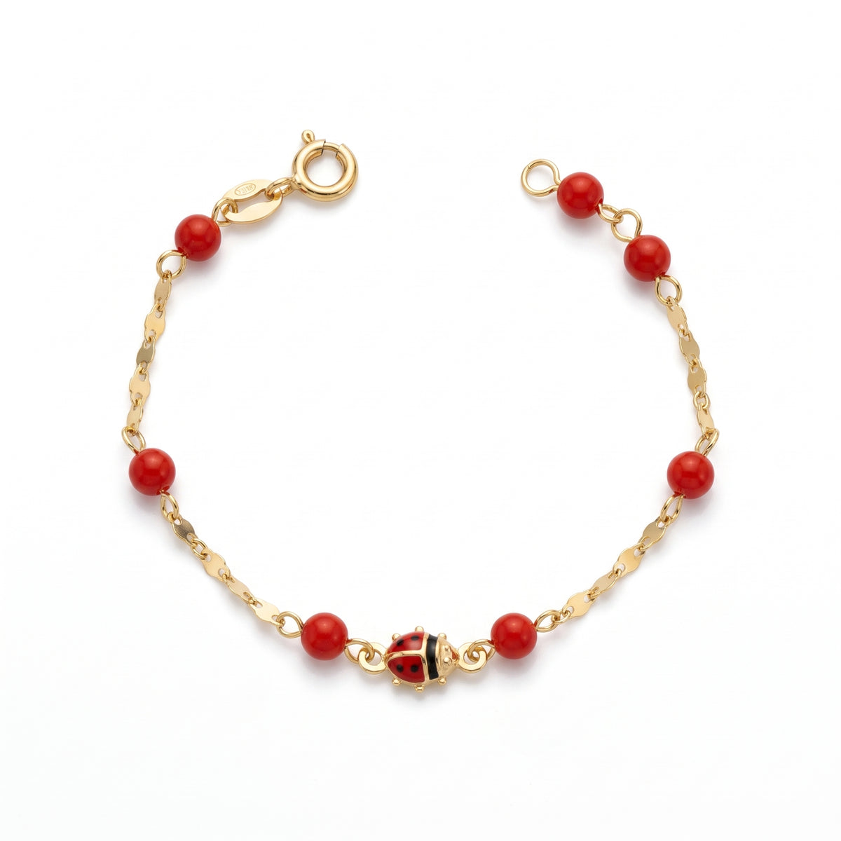 Bracciale Bimba in Oro Giallo 18kt con Coccinella Smaltata e Corallini Rossi 14 cm