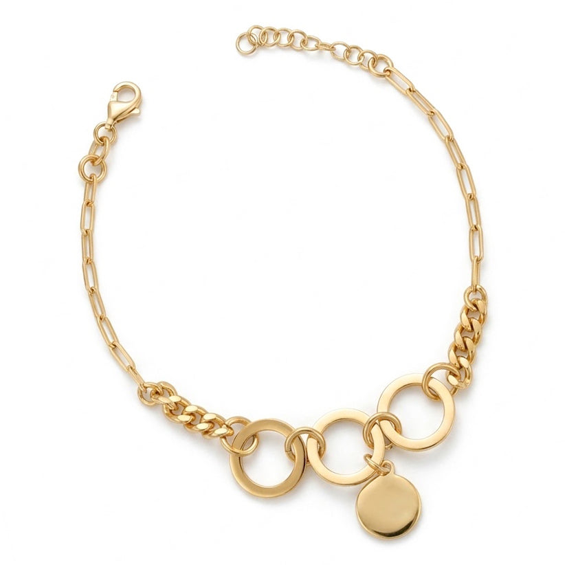 Bracciale Cerchi d'Oro in Argento 925 Placcato Oro Giallo con Maglie Asimmetriche e Ciondolo Medaglia