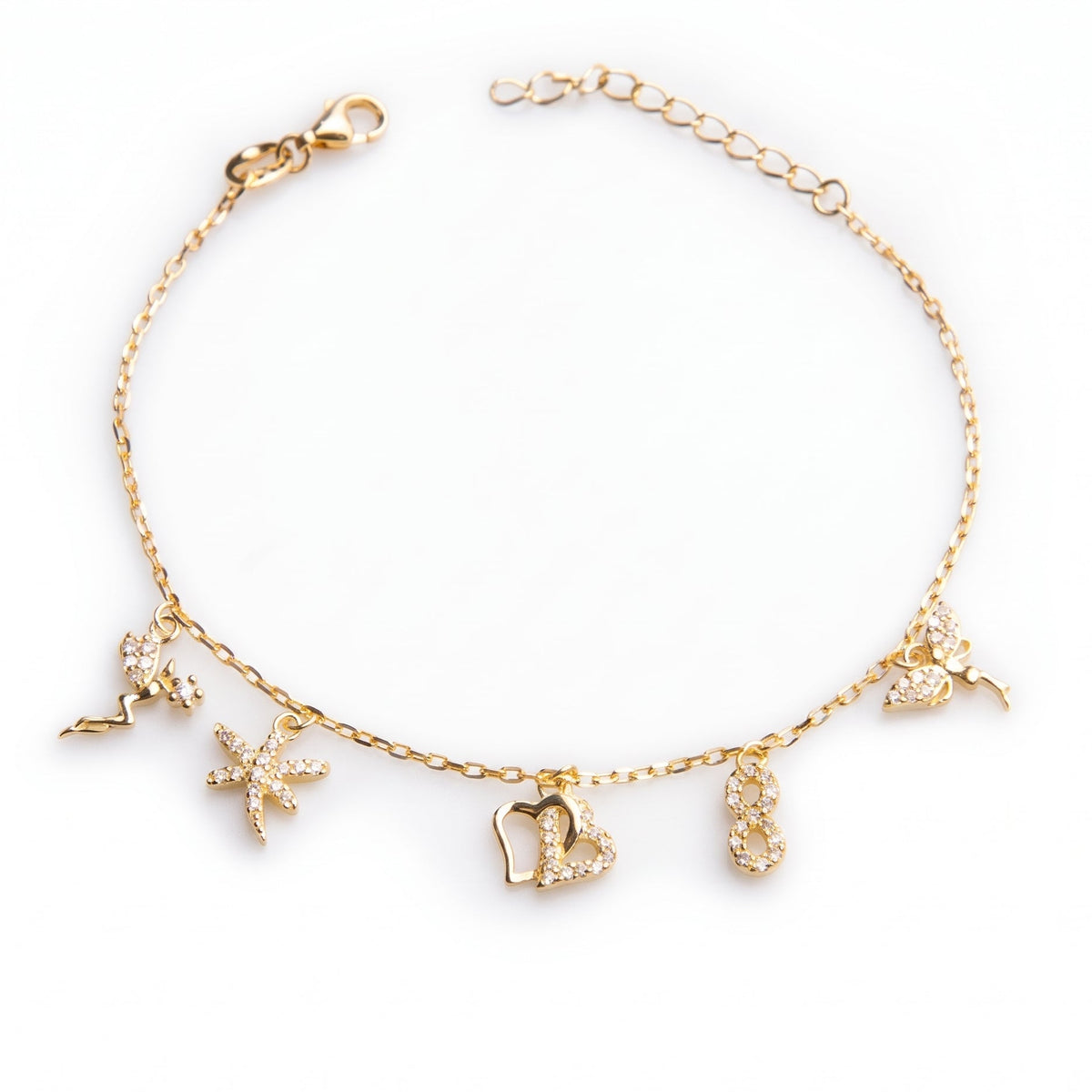 Bracciale Charms Simboli e Fate in Argento 925 Placcato Oro Giallo con Zirconi Bianchi Gioielli in Argento