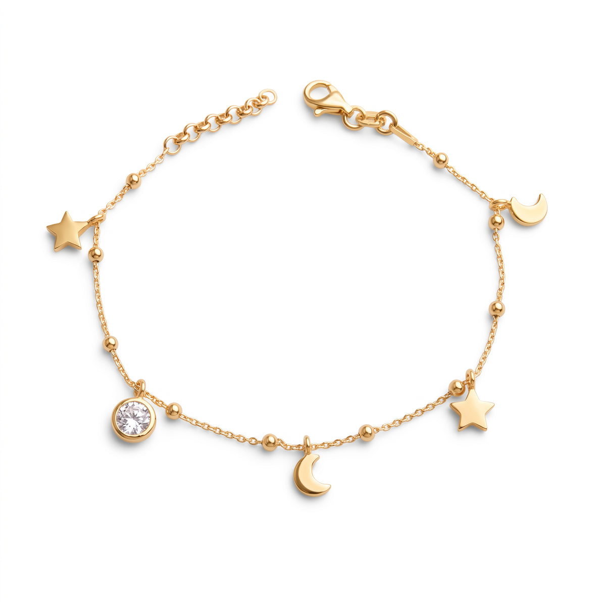 Bracciale Sogno Stellare in Argento 925 Placcato Oro con Luna, Stelle e Punto Luce