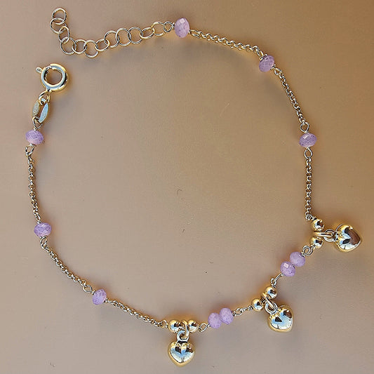 Bracciale Armonia di Cuori in Argento 925 Placcato Oro Giallo con Ametista Idrotermale e Charms Bombati Gioielli in Argento