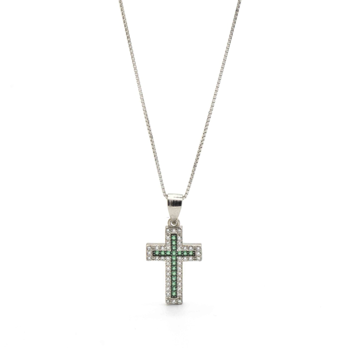 Catenina In Argento Con Croce In Pietre Verdi E Zirconi