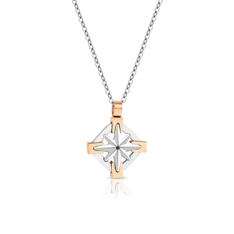 Collana Con Rosa Dei Venti In Acciaio E Diamante Nero