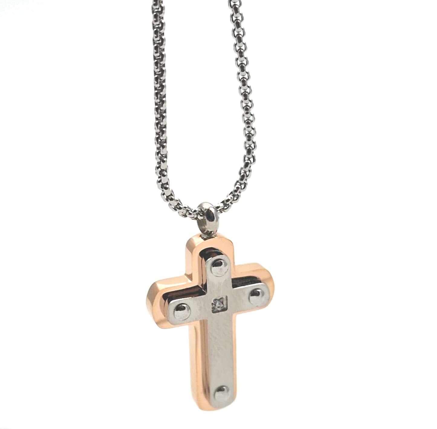 Collana con croce ramata e argentata con zircone
