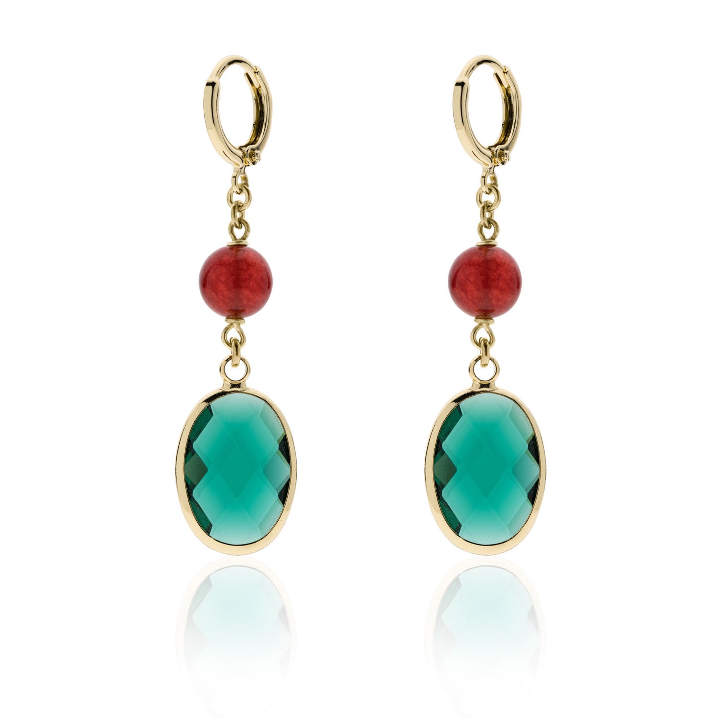 Orecchini lunghi con pietra verde smeraldo e perla rossa Jaipur