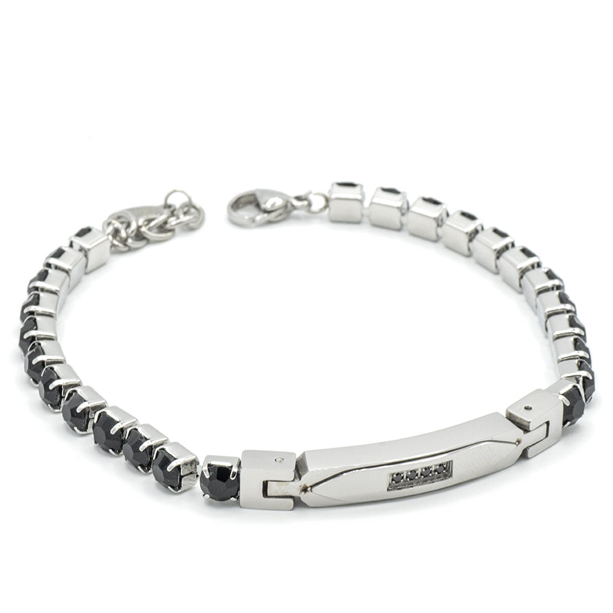 Bracciale tennis pietre nere e targhetta con zirconi
