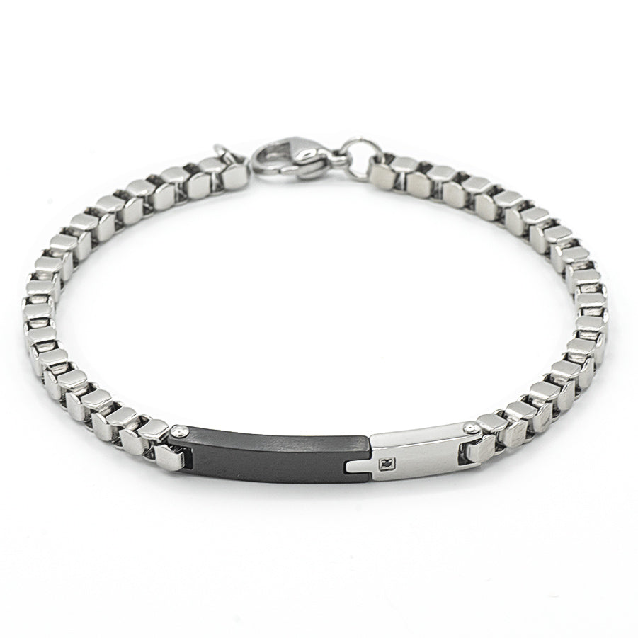 Bracciale in acciaio con targhetta bicolore e zircone nero