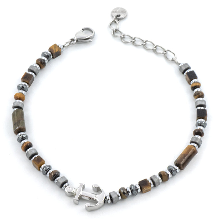 Bracciale ancora in acciaio, ematite e pietre ambra