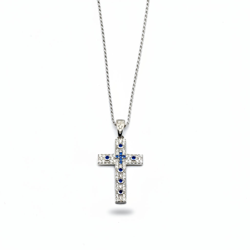 Collana Con Croce In Argento Con Zirconi E Pietre Blu Zaffiro Gioielli in Argento