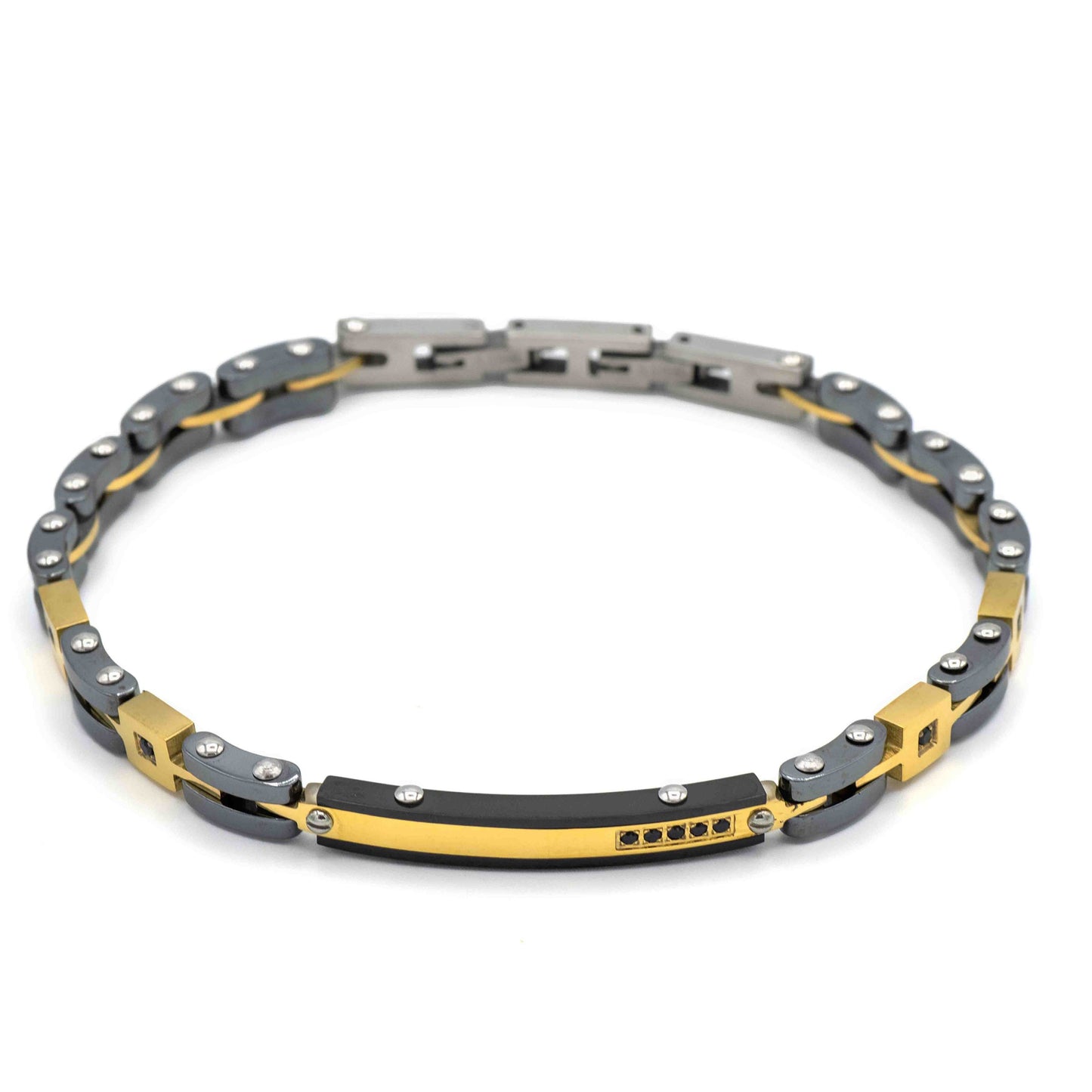 Bracciale In Acciaio Dorato E Ceramica Con Zirconi