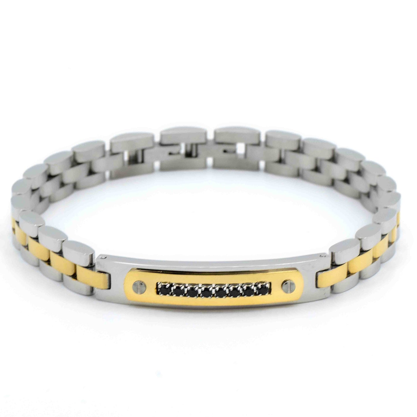 Bracciale Targhetta In Acciaio Con Pietre Nere