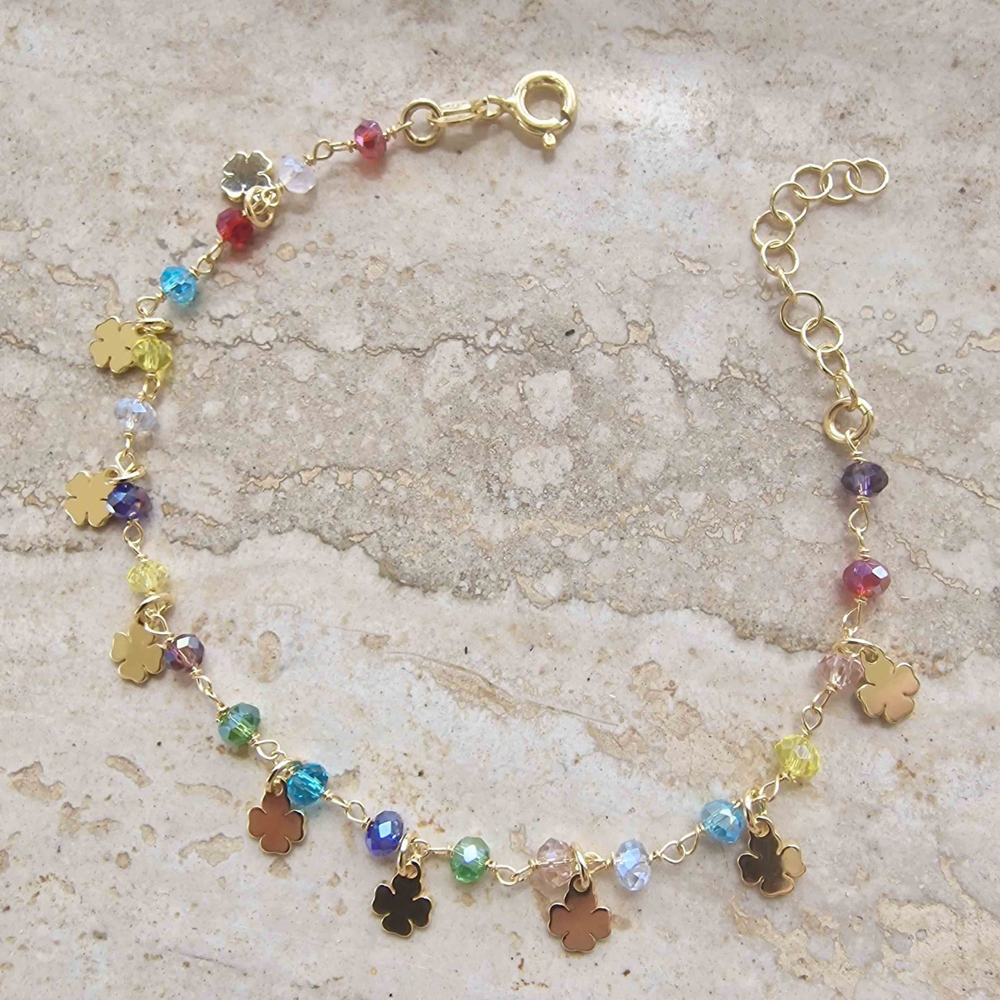 Bracciale Quadrifogli E Cristalli Colorati In Argento Dorato