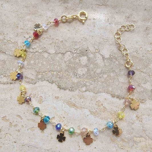 Bracciale Incanto di Quadrifogli in Argento 925 Placcato Oro 18kt con Gemma di Luce e Cristalli Multicolore Gioielli in Argento