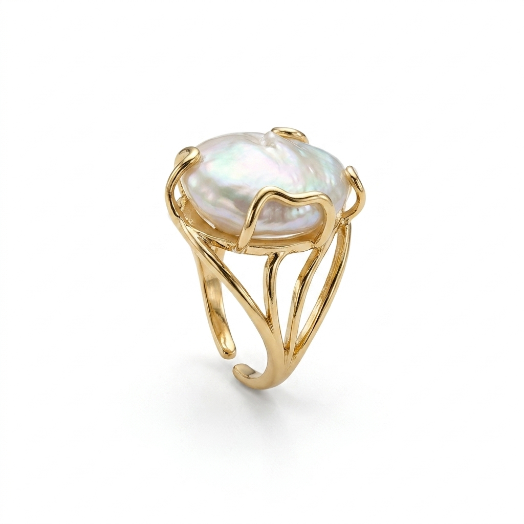 Anello Cocktail "Abisso" in Acciaio Gold e Perla Barocca