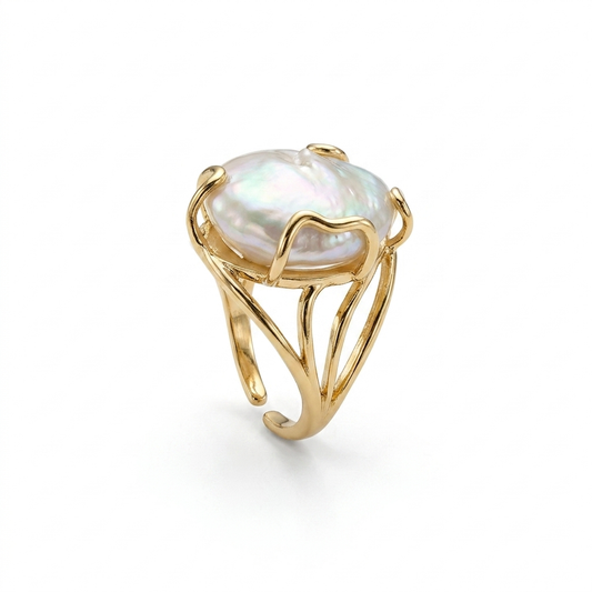 Anello Cocktail "Abisso" in Acciaio Gold e Perla Barocca Gaiè Bijoux