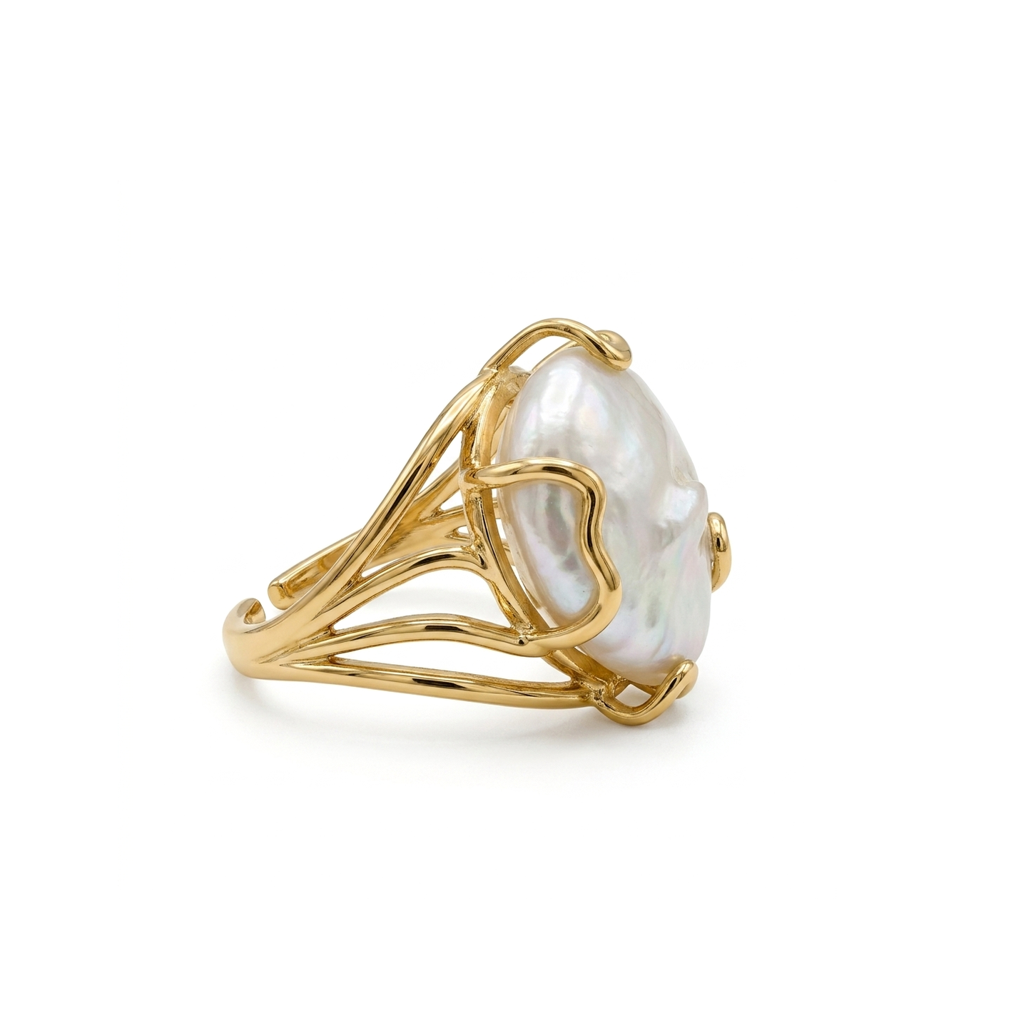 Anello Cocktail "Abisso" in Acciaio Gold e Perla Barocca