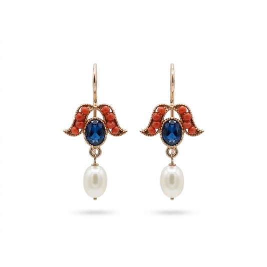 Orecchini Vintage Pendenti in Argento Placcato Oro Rosa con Pietra Blu, Corallo e Perla Naturale Cammei e Corallo