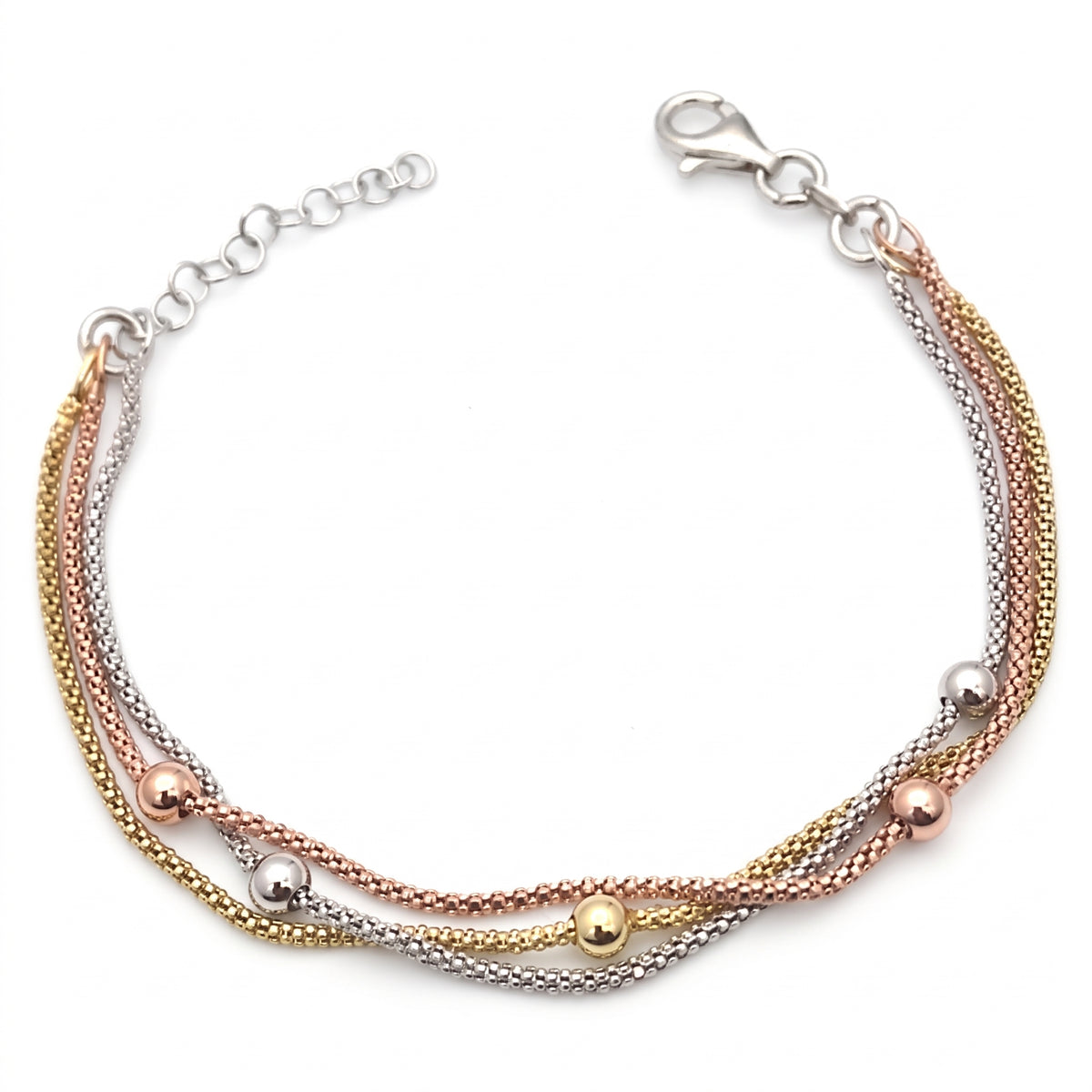Bracciale Tre Fili in Argento 925 Tre Ori con Maglia Popcorn e Sfere