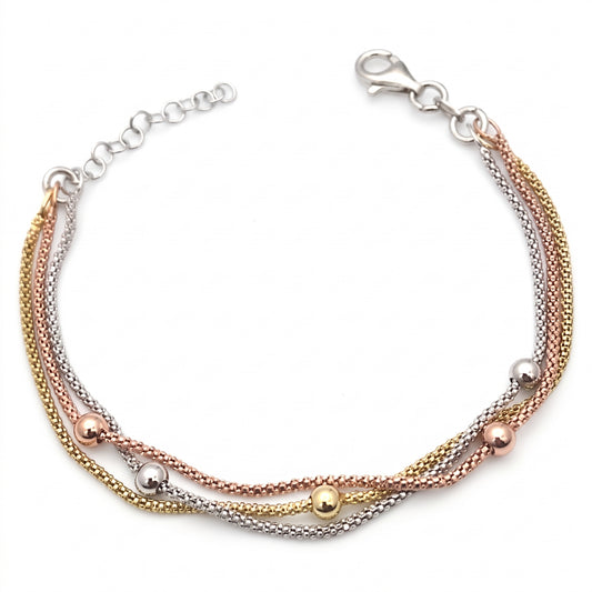 Bracciale Tre Fili in Argento 925 Tre Ori con Maglia Popcorn e Sfere Gioielli in Argento