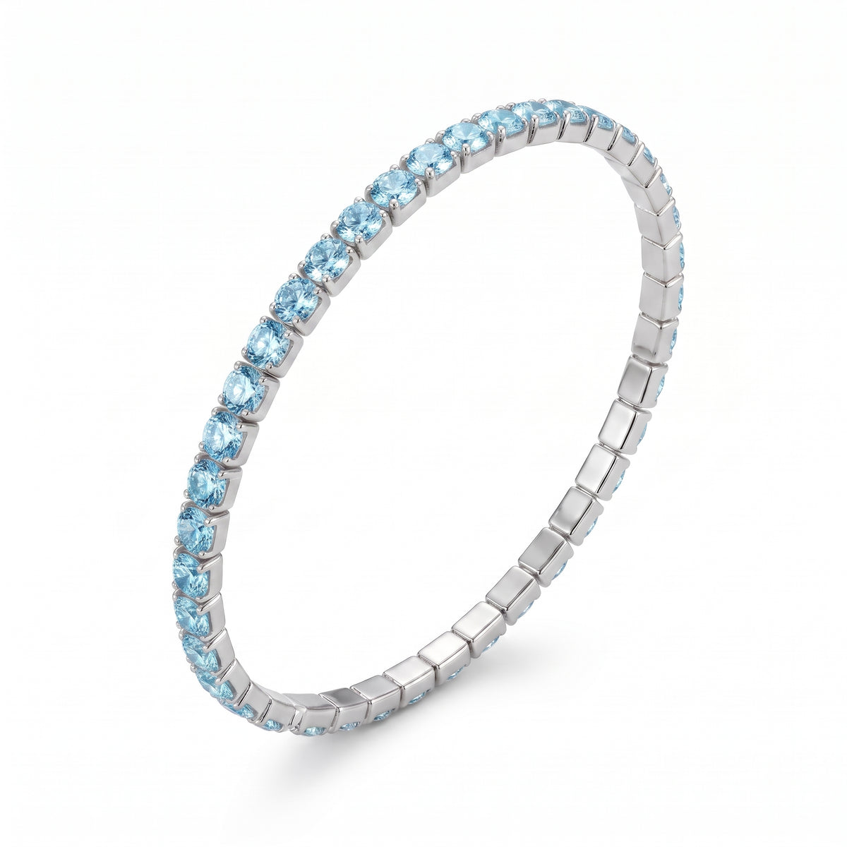 Bracciale Tennis Elastico Color Argento con Strass Celesti Acquamarina