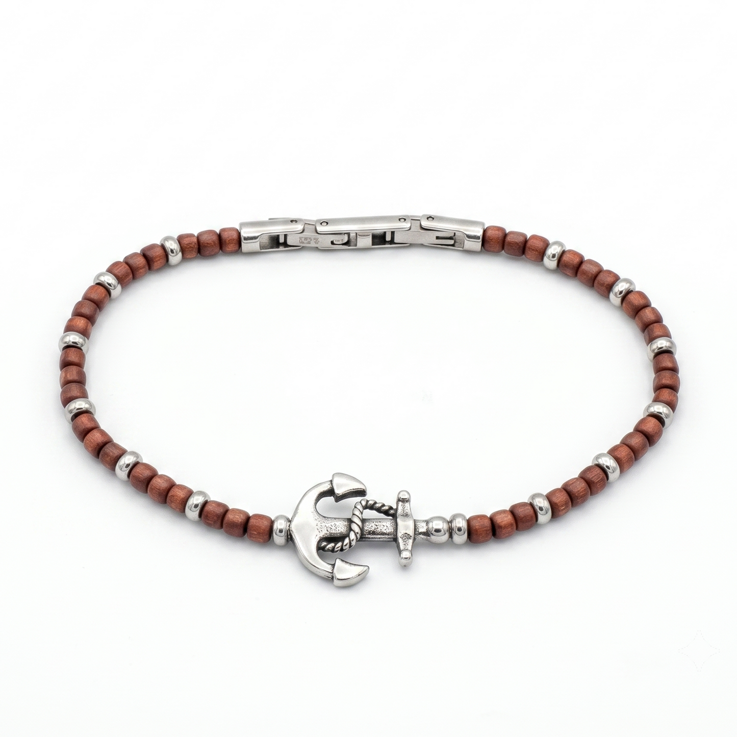 Bracciale Uomo Ancora in Acciaio e Perline di Ematite Marrone