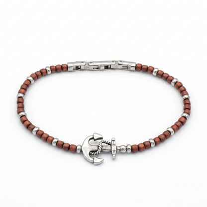 Bracciale Uomo Ancora in Acciaio e Perline di Ematite Marrone