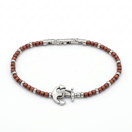 Bracciale Uomo Ancora in Acciaio e Perline di Ematite Marrone