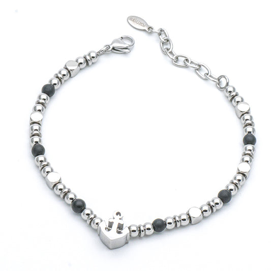 Bracciale Uomo Ancora in Acciaio e Pietre Nere