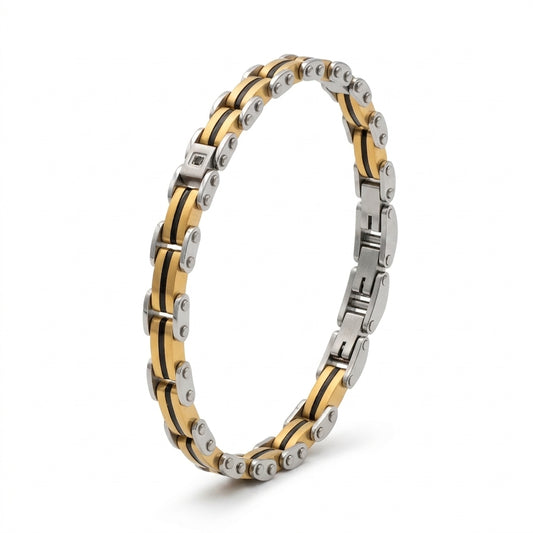 Bracciale Uomo Fortynine in Acciaio Bicolore Oro e Silver con Dettagli Neri