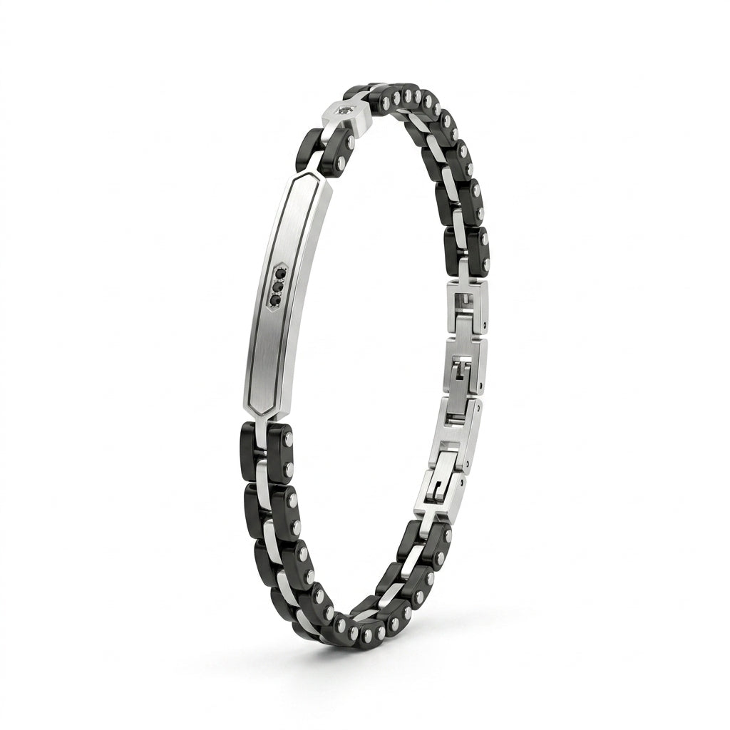 Bracciale Uomo Fortynine in Acciaio Bicolore con Piastra e Zirconi Neri