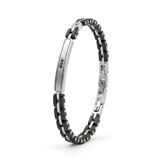 Bracciale Uomo Fortynine in Acciaio Bicolore con Piastra e Zirconi Neri