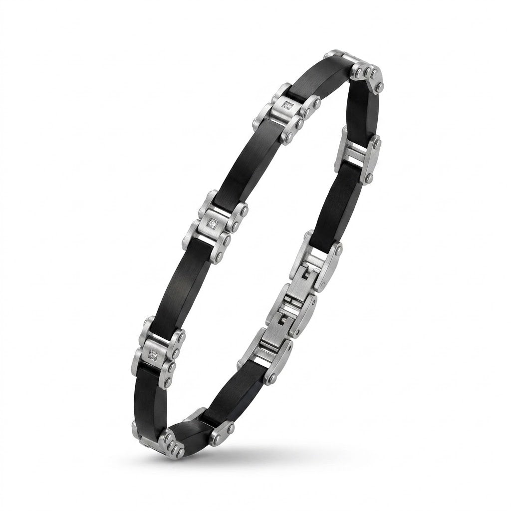Bracciale Uomo Fortynine in Acciaio Nero e Silver con Zirconi Bianchi