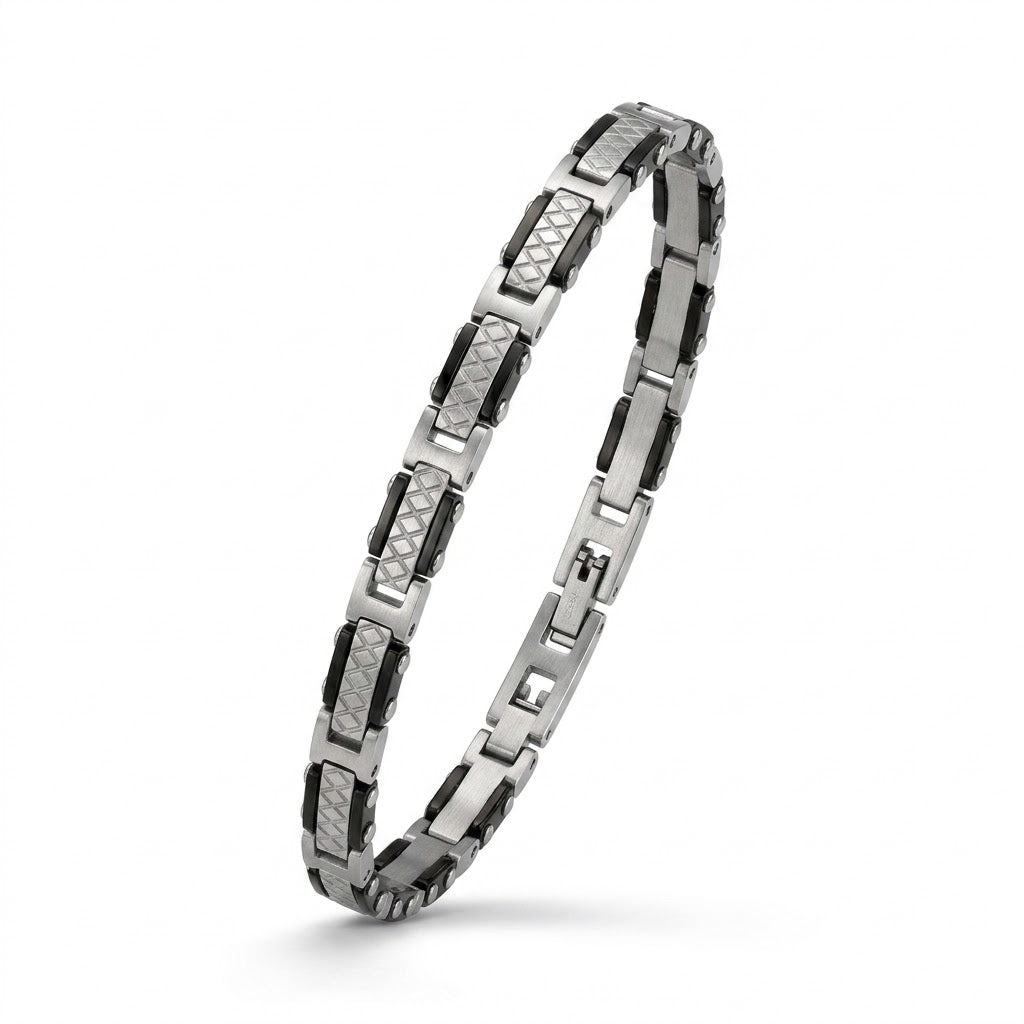 Bracciale Uomo Fortynine in Acciaio con Dettagli Neri e Maglie Lavorate