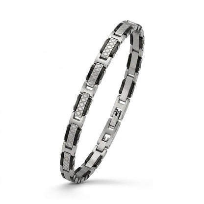 Bracciale Uomo Fortynine in Acciaio con Dettagli Neri e Maglie Lavorate