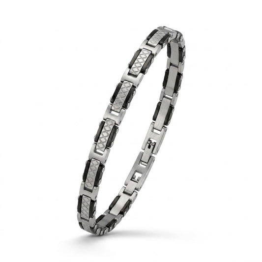 Bracciale Uomo Fortynine in Acciaio con Dettagli Neri e Maglie Lavorate
