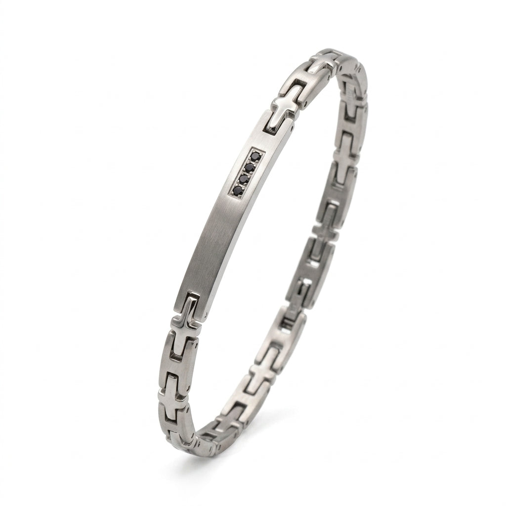 Bracciale Uomo Fortynine in Acciaio con Piastra e Zirconi Neri