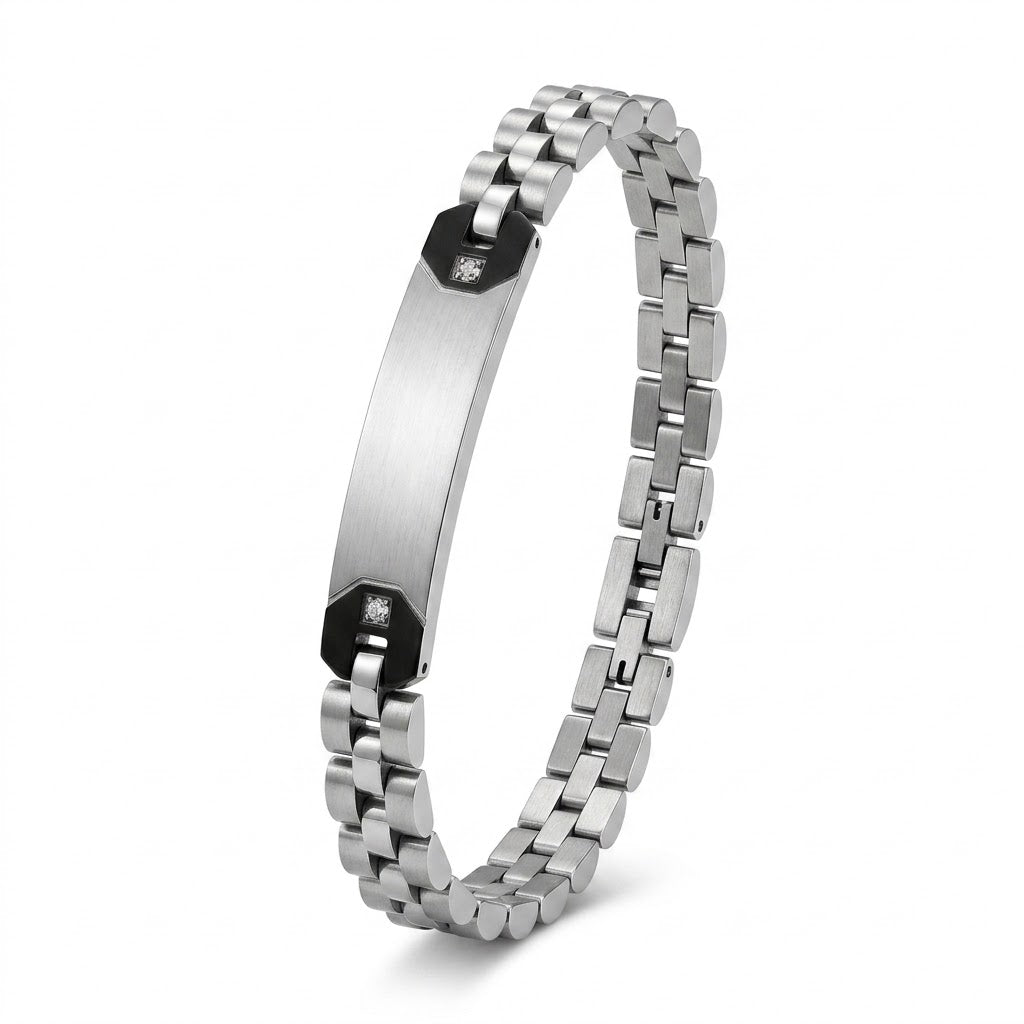 Bracciale Uomo Fortynine in Acciaio con Targhetta Personalizzabile e Zirconi Bianchi