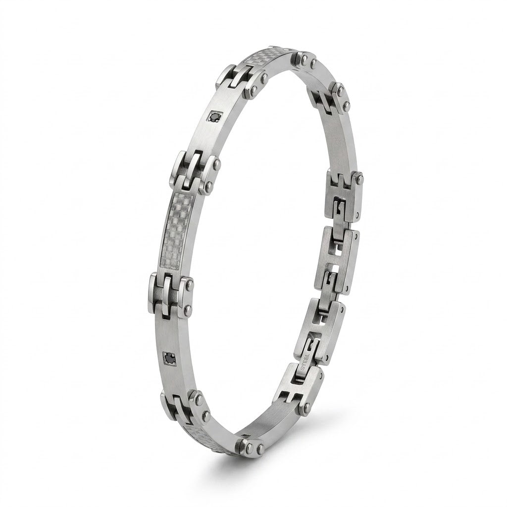 Bracciale Uomo Fortynine in Acciaio con Zirconi Neri e Maglie Lavorate