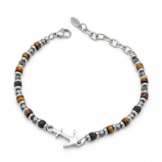 Bracciale da Uomo Ancora in Acciaio e Pietre Fortynine