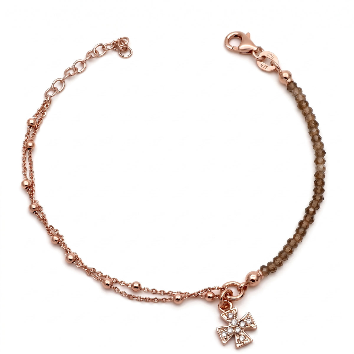 Bracciale in Argento 925 Placcato Oro Rosa con Croce e Spinello Marrone