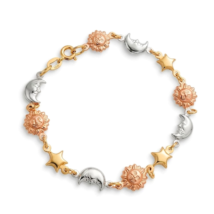 Bracciale in Oro 18 Carati Tricolore con Sole, Luna e Stelle