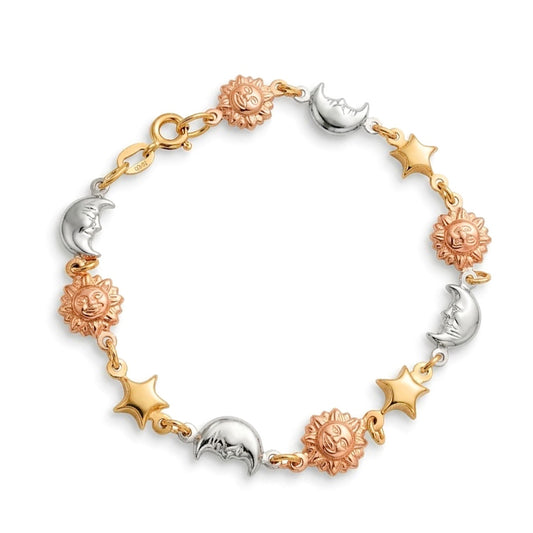 Bracciale in Oro 18 Carati Tricolore con Sole, Luna e Stelle