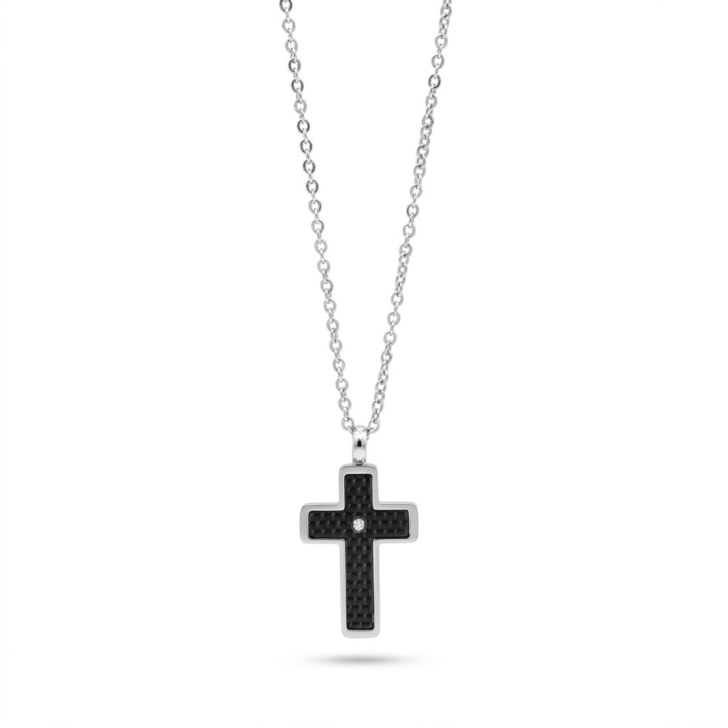 Collana Uomo Fortynine in Acciaio con Croce Nera e Zircone